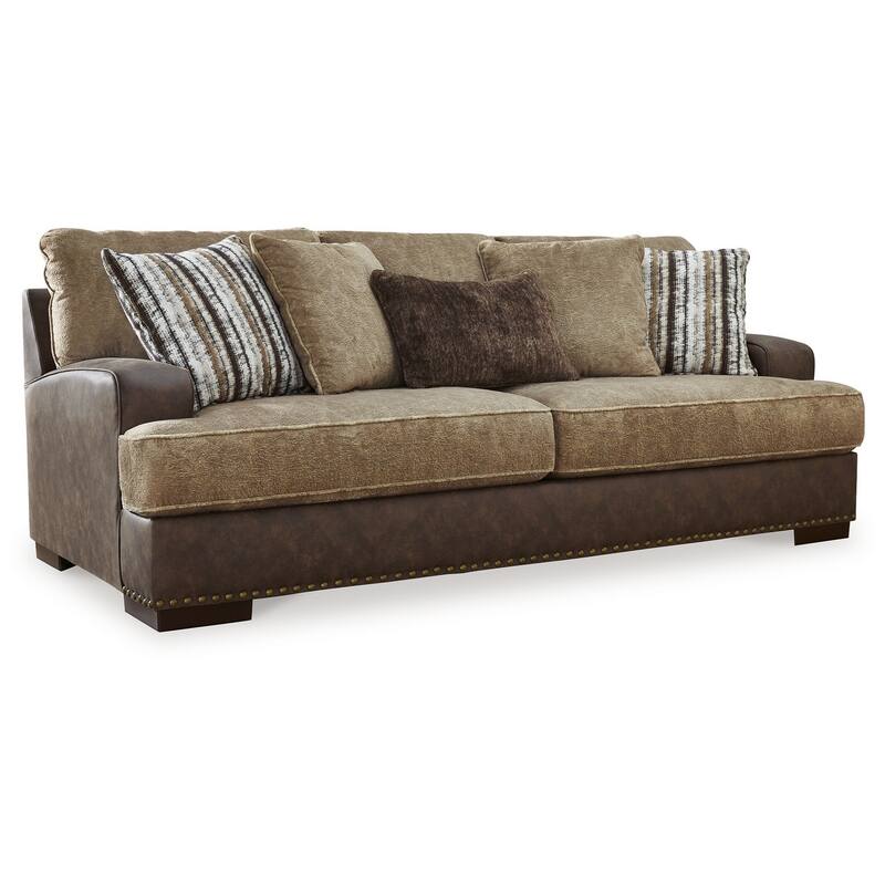 Srie 95 Inch Sofa, Nailhead Trim, 5 Accent Pillows, Brown Faux Leather