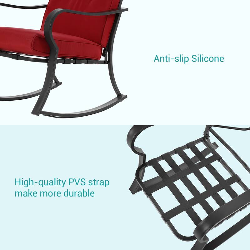 Bonosuki 3 Pieces Patio Bistro Set, Outdoor Funiture Set with 2 Rocking Chairs, Tempered Glass Top Coffee Table and Cushion