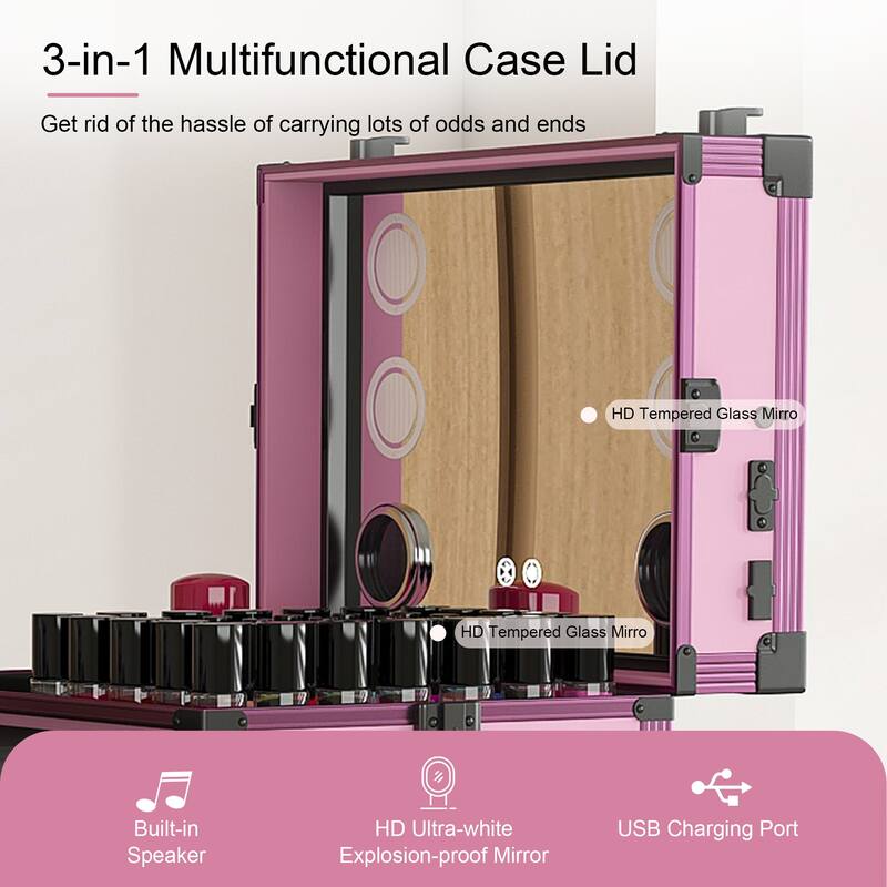 Portable Nail Art Table w/ LED Mirror, Bluetooth, Lockable Drawers, Telescopic Pole - Folding Manicure Station for Salons