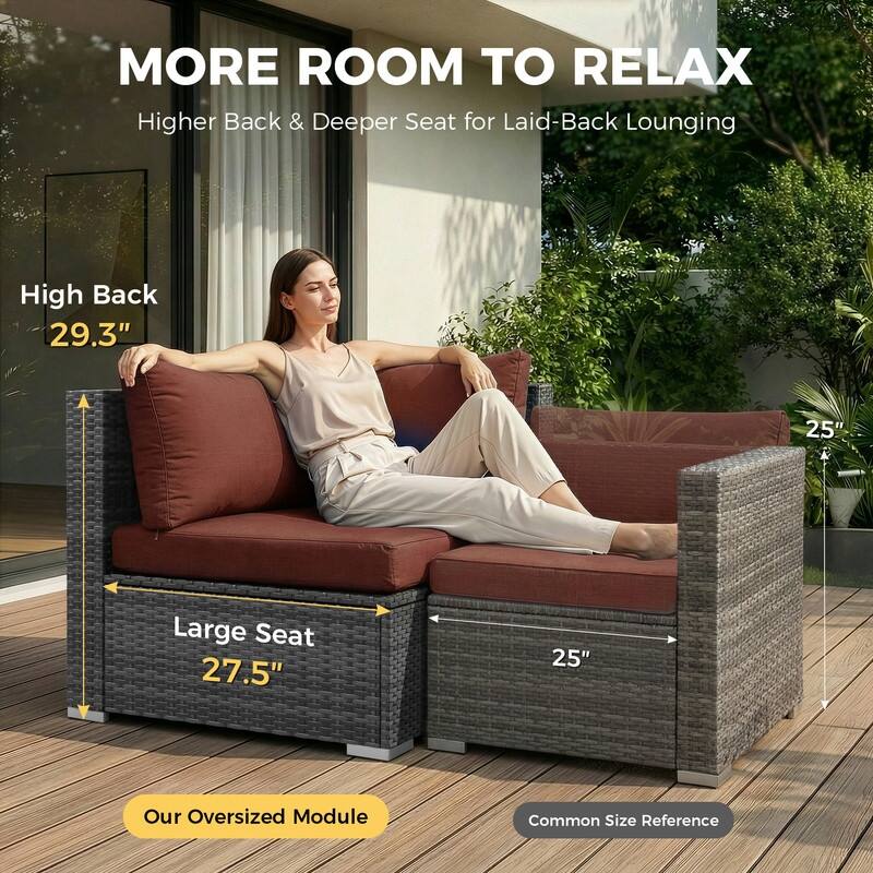 Outdoor Sectional Conversation Set PE Wicker with Double Chaise Lounge, 60,000 BTU Fire Pit Table