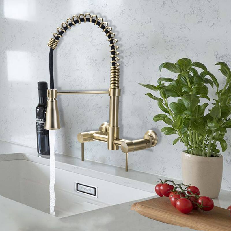 Wall Mounted 3-Way Black/Gold Rotary Kitchen Faucet with Pull Down Sprayer In Stainless Steel - Brushed Gold