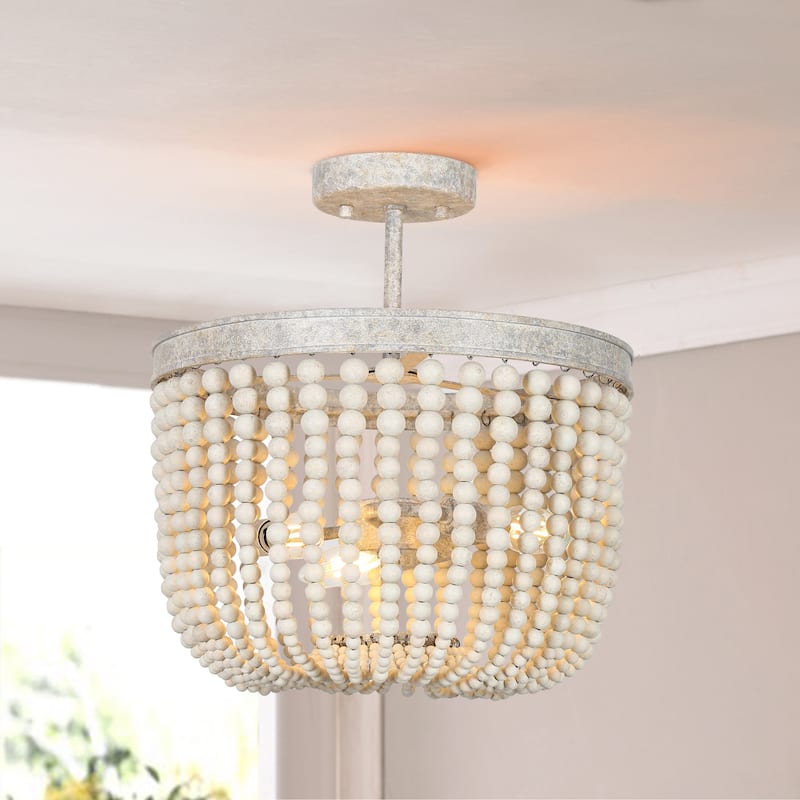 Coasa Semi Flush Mount Lights Wood Beads Basket Metal Entryway Dining room - Antique off-white - D 14" x H 15"
