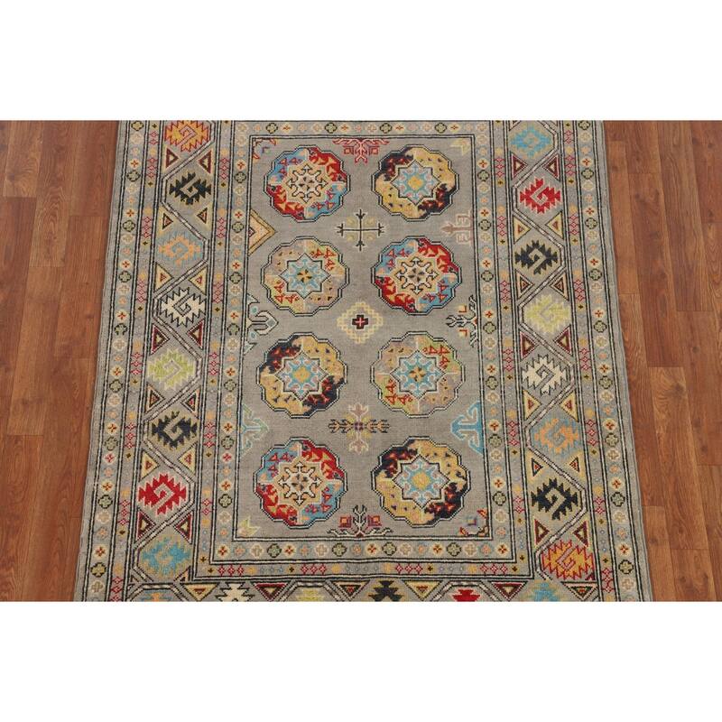 Geometric Kazak Rug Handmade Oriental Grey Wool Carpet - 4'2" x 6'0"