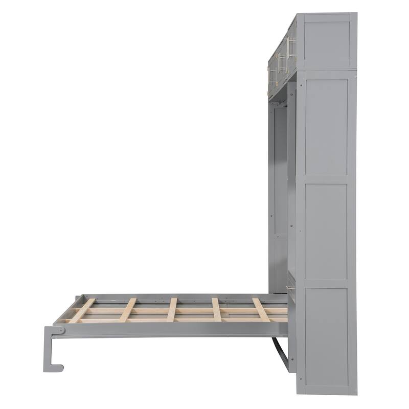Queen-Size Wall Bed with Fold-Down Desk - Space-Saving Murphy Bed with Storage Cabinet & Shelves, Perfect for Small Rooms