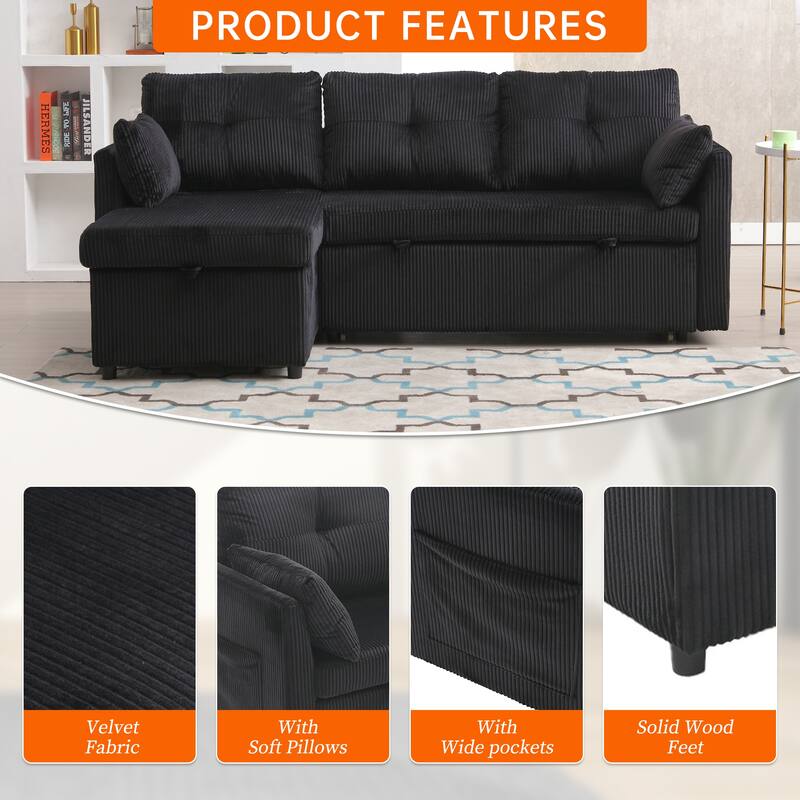 Corduroy/Chenille Upholstered L-Shaped Storage Reversible Chaise Sectional Sofa with Side Pocket