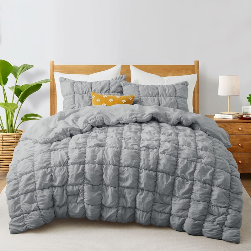 Puff Quilting Comforter Set with Pillowcases, Modern All Season Puffy Bedding Set - Twin - Light Gray