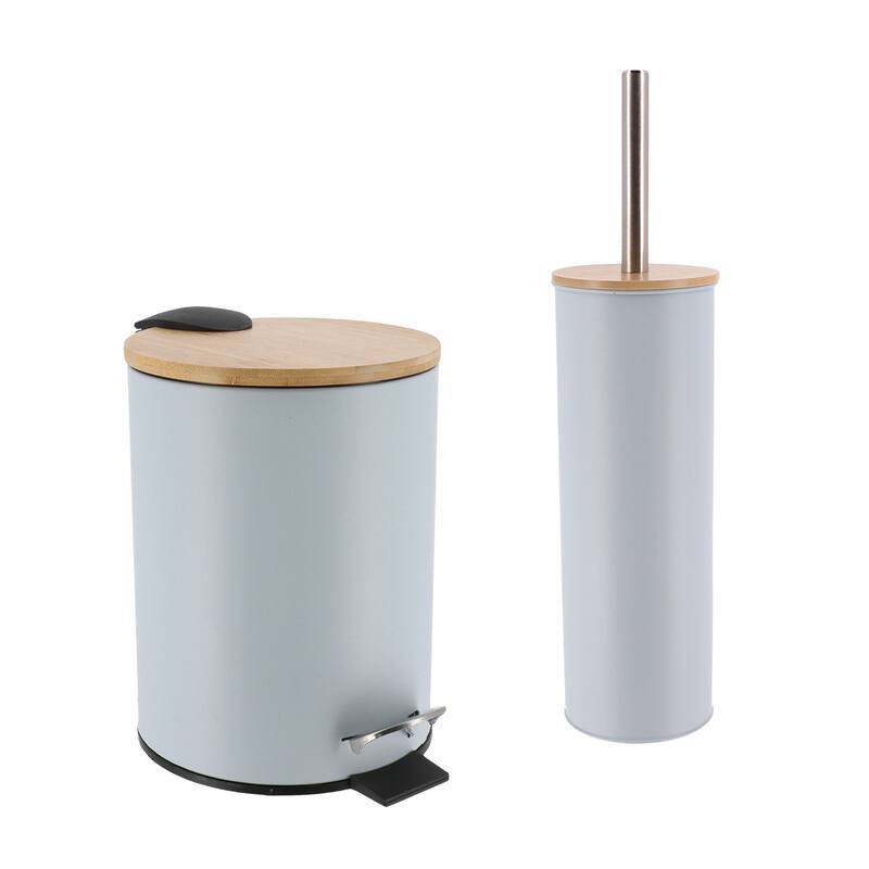 Bathroom Set with Bamboo Lid - Matte Metal Trash Can and Toilet Brush - 15.6" H x 11" L x 11" W - Light Blue