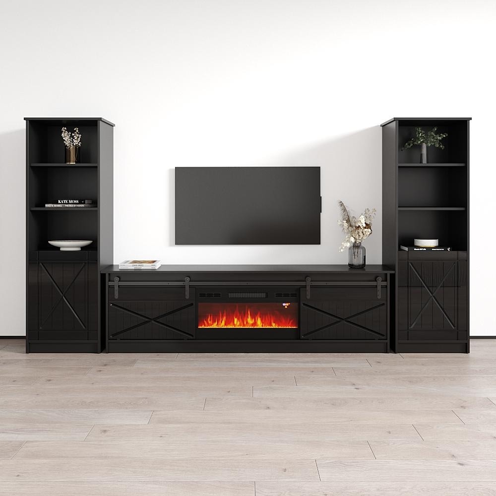 Meble Furniture Granero BL-EF Fireplace Entertainment Center for up to 90" TVs 120.5"W x 63"H - High Gloss Wall Unit