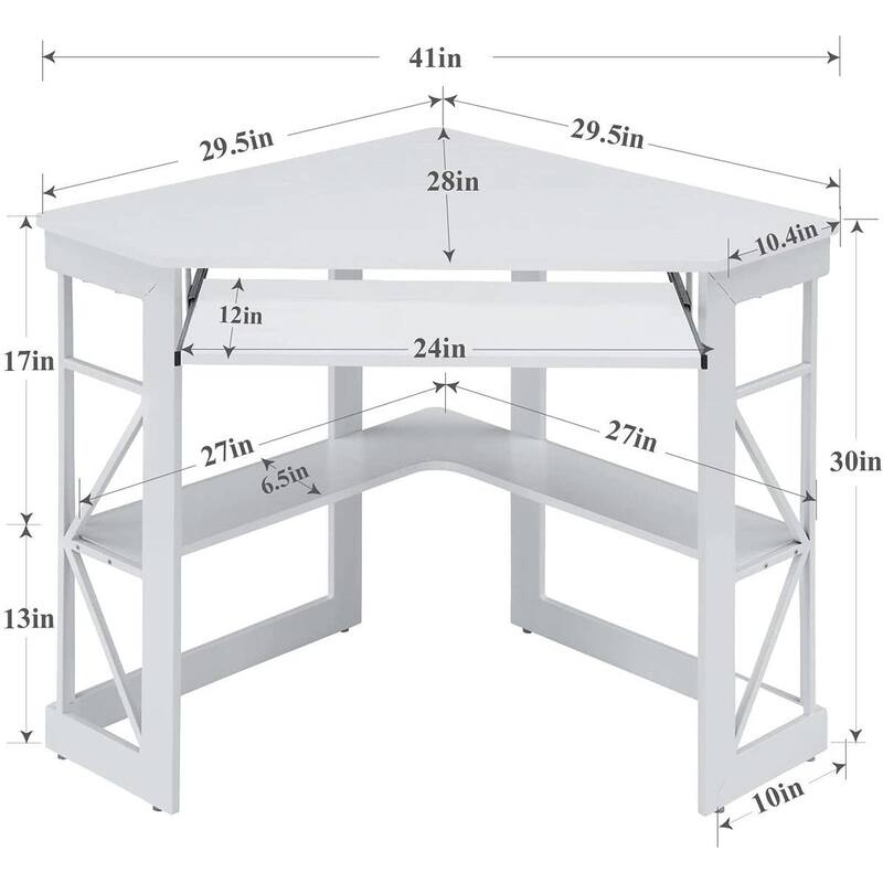 Triangle Wooden Corner Computer Desk with Storage Shelves and Keyboard Tray