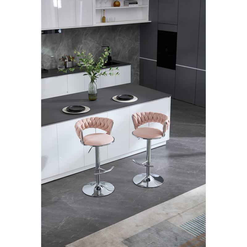 Set Of 2 Bar Stools,With Chrome Footrest And Base Swivel Height Adjustable Mechanical Lifting Velvet, Chrome Leg - Pink