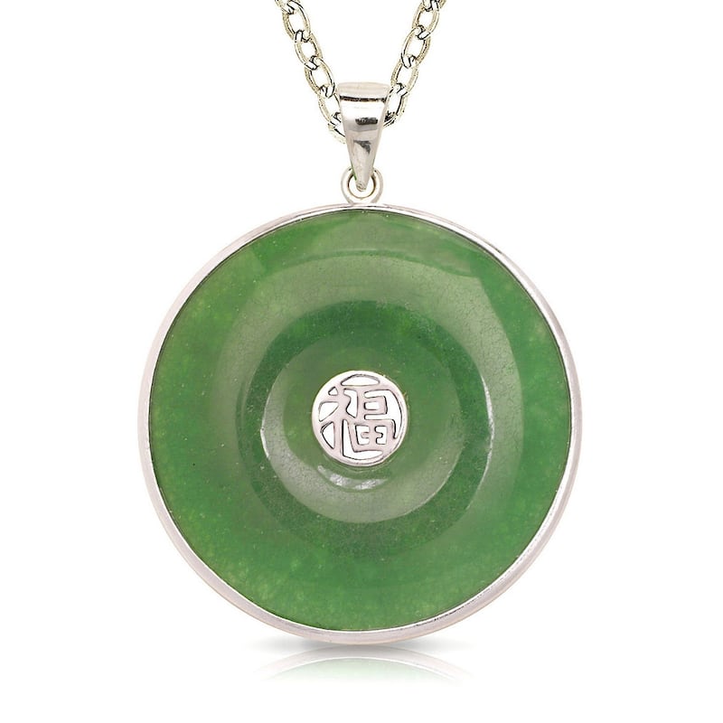 Curata 925 Sterling Silver 18" Green Jade Round Asian Script Disc Necklace (25mm x 32mm)