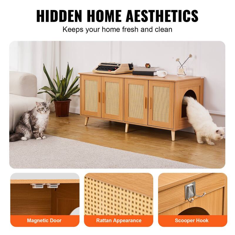 Multi-Functional Cat Litter Box Enclosure Furniture Hidden with 2 Windows and 4 Doors