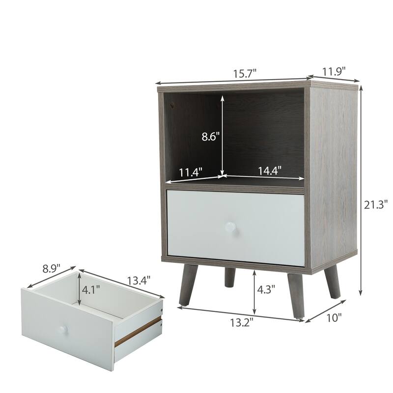 Set of 2 Low Foot Bedside Table with Drawer and Storage Compartment