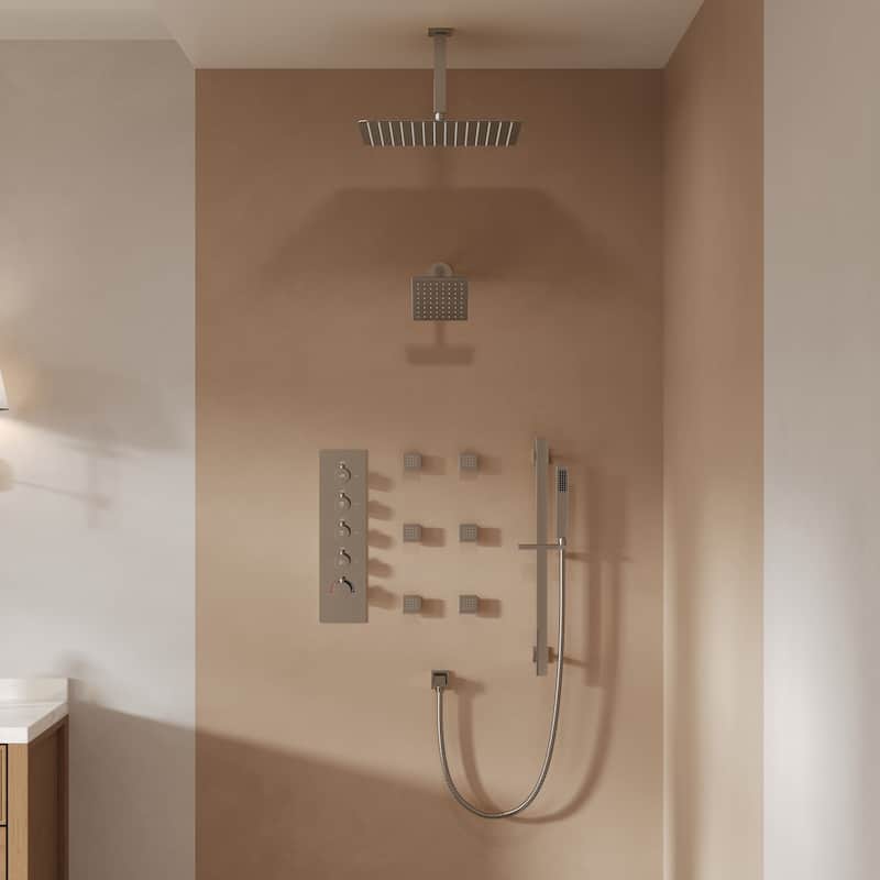 GRANDJOY Thermostatic Bathroom Shower Combo Kit, Dual Showerheads with Handheld and Pressure Balance Control