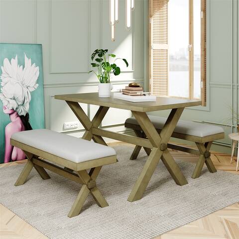 3 Pcs Dining Table Set with 2 Cushioned Benches Kitchen, Small Space