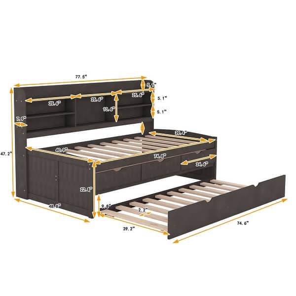 Twin Size Wooden Captain Bed with Built-in Bookshelves, Trundle and 3-Storage Drawers, Space-Saving Design, Antique Grey