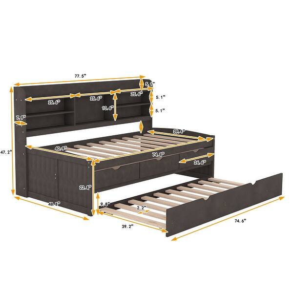 dimension image slide 2 of 3, Twin Size Wooden Captain Bed with Trundle, Built-in Bookcase, and 3 Spacious Drawers, No Box Spring Needed, Easy Assembly