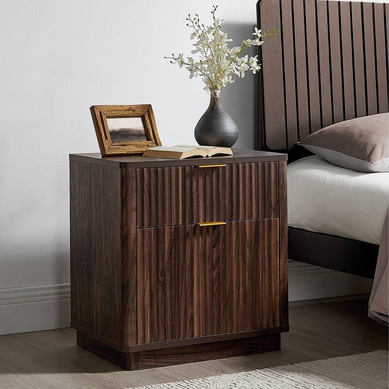 Modern Fluted Nightstand with Charging Station, 2 Drawer Bedside Table - Walnut