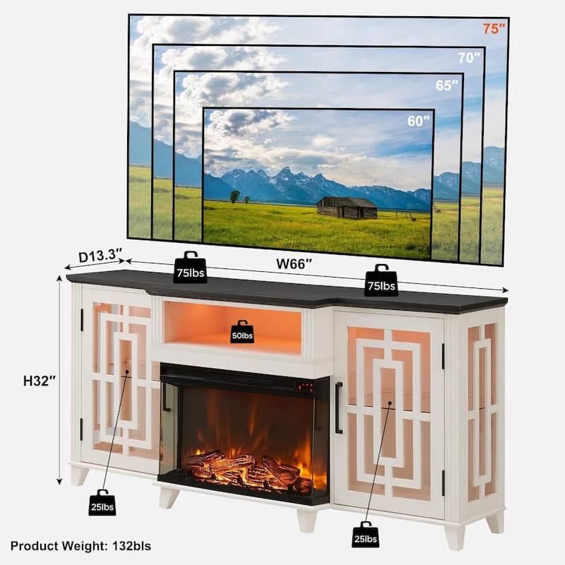 Farmhouse 3-Sided Glass Fireplace TV Stand for 75" TV, Media Console