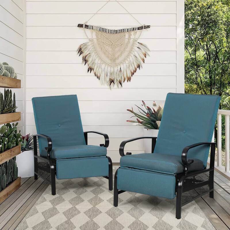 2 Piece Outdoor Metal Patio Adjustable Recliner Lounge Chairs with Retractable Steel Frame and Removable Thick Cushion