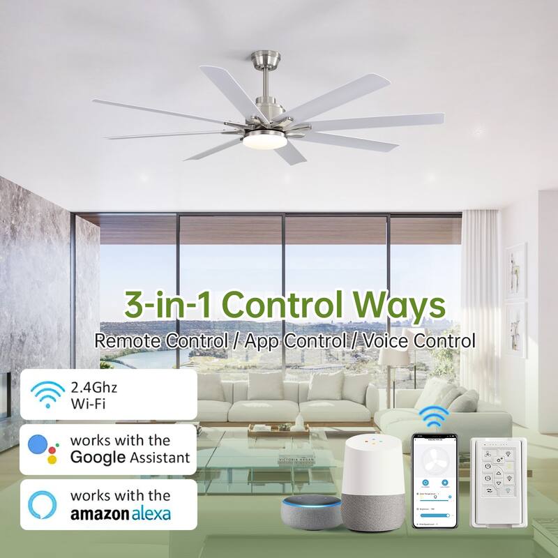52 Inch/66 Inch/72 Inch Modern Ceiling Fan with Dimmable LED Light ,Remote&APP Control,8 Blades for Large Living Room,Porch