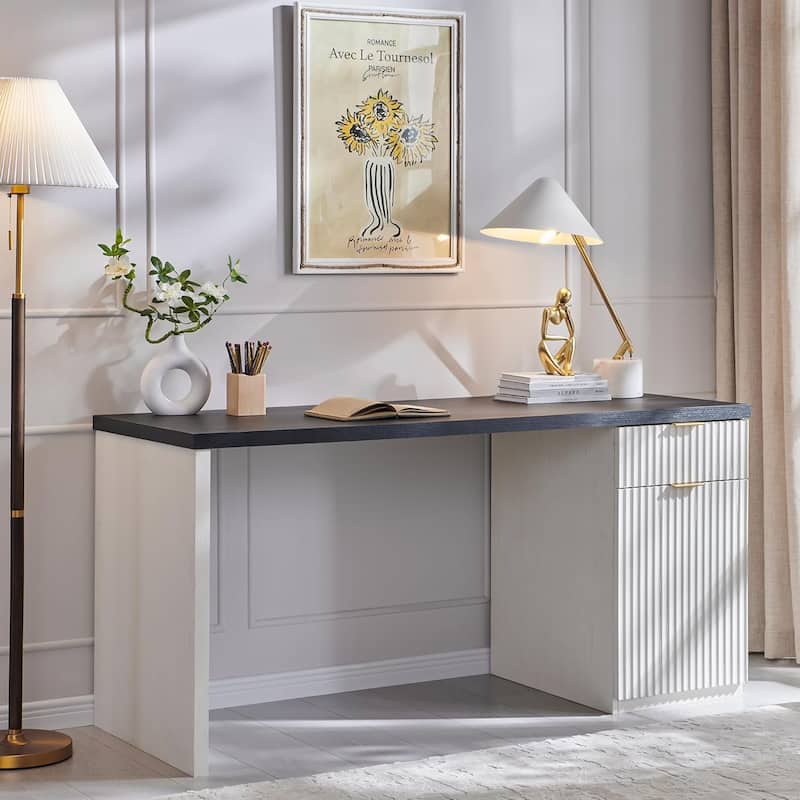 60" Modern Executive Desk, Wood Home Office Desk, Fluted Computer Desk