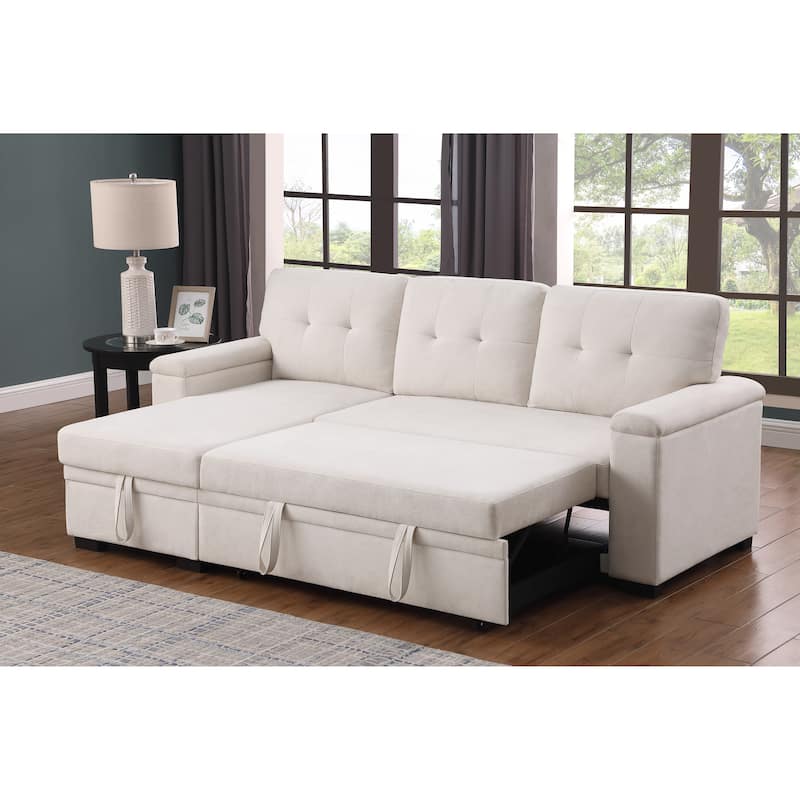 84.5"W Beige Woven Reversible Sleeper Sectional Sofa with Storage Chaise, 53x84x34 inches, 188 lbs