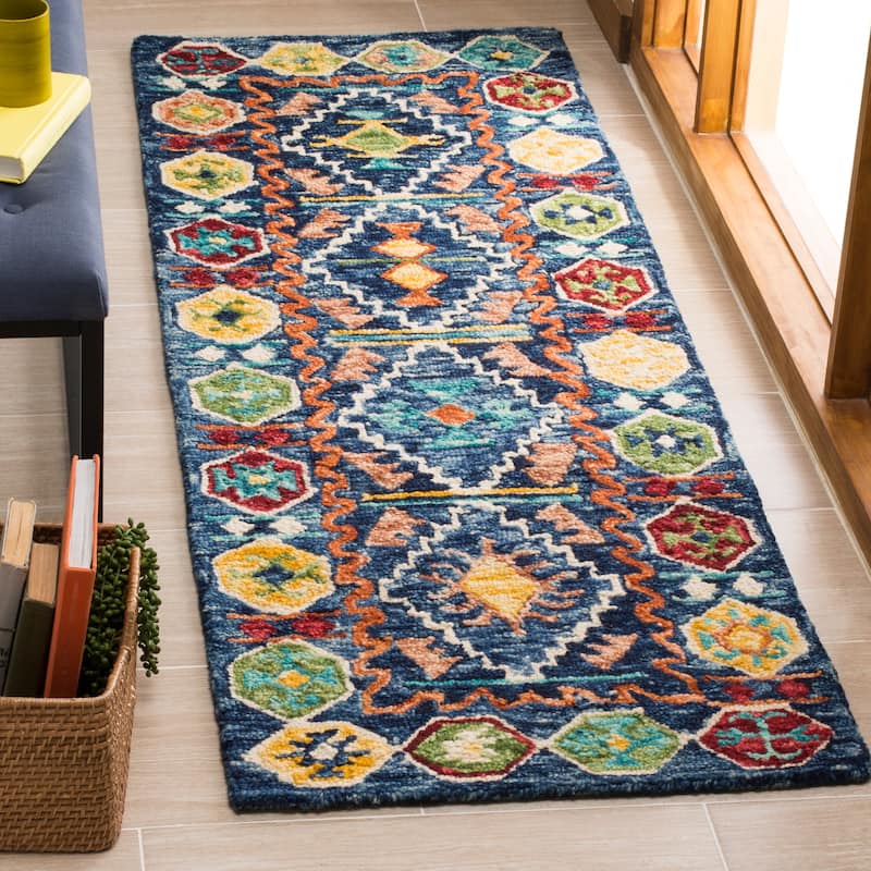 SAFAVIEH, Handmade Aspen Pavica Boho Tribal Wool Rug - 2'3" x 7' Runner - Navy/Gold