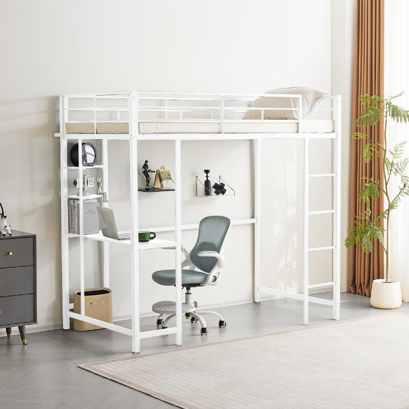 Twin Metal Loft Bed with Desk, Shelves, Ladders and Guardrails - Noise-Free