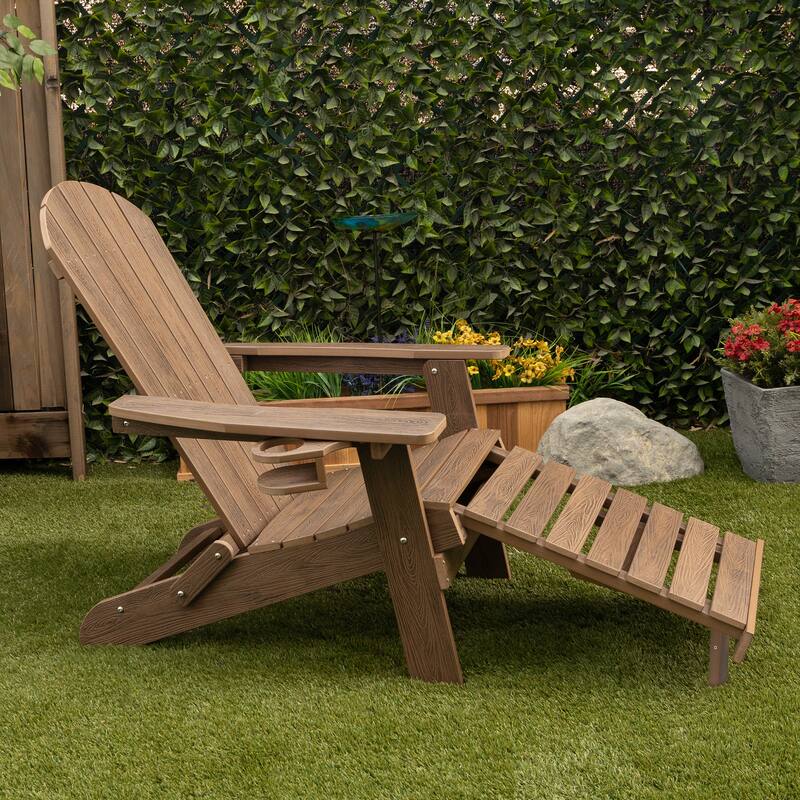 Dk. Teak Folding Adirondack Chair w/Cup Holder and Ottoman