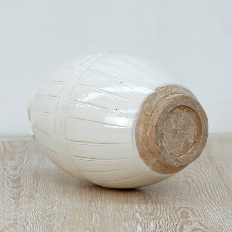 Artissance 12" Off White Ceramic Pot with Stripe Decoration Unglazed Base