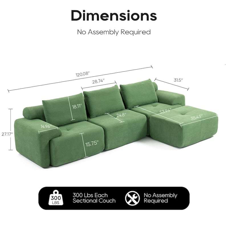 Corduroy Modular Sleeper Sofa Bed with Ottoman, L-shaped Sectional Couches for Living Room with Memory Foam and Steel Frame