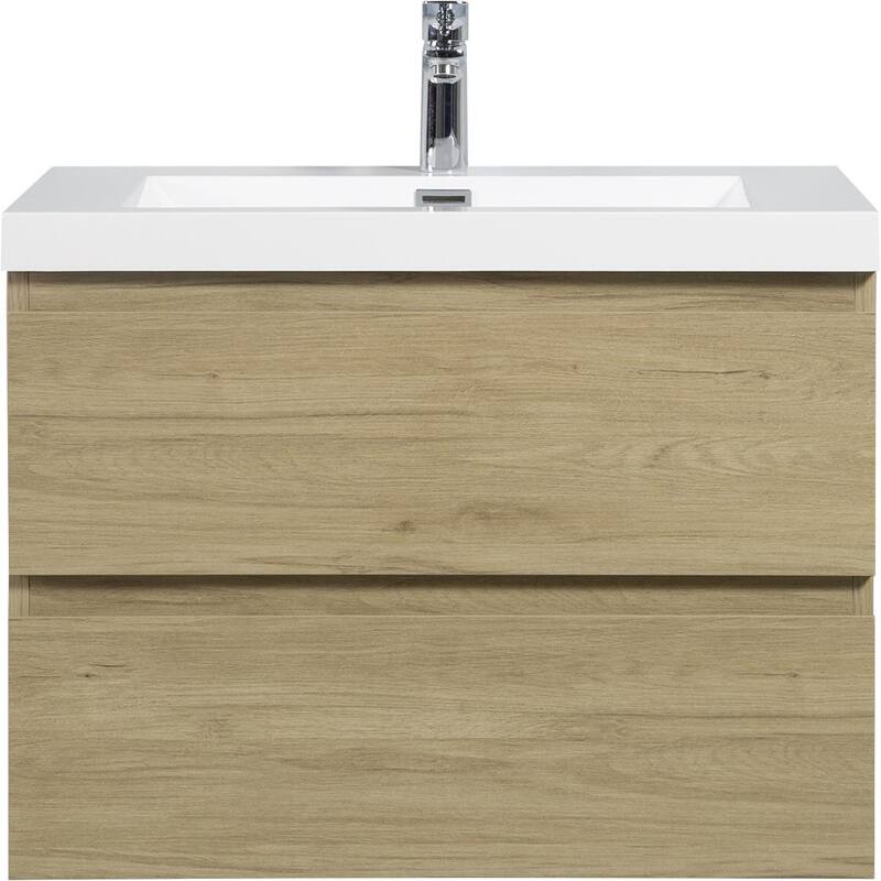 35.5-Inch Floating Bathroom Vanity with Glossy Resin Sink, Ash Grey Color, Wall-Mounted Design, 2 Drawers