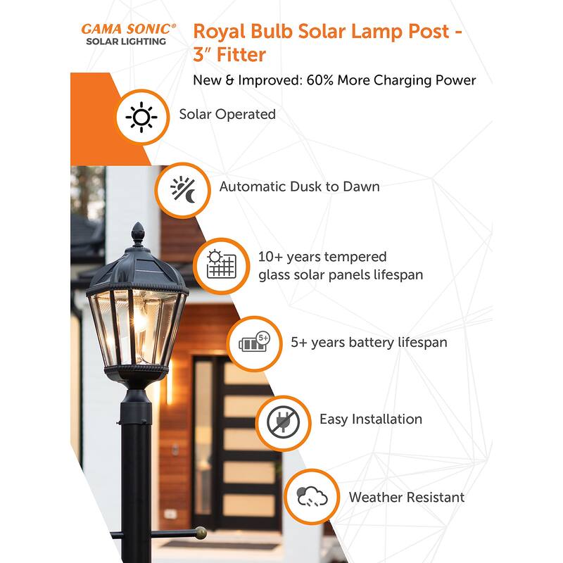 Gama Sonic Royal Bulb 1-Light Black Solar Post Light with 3" Fitter