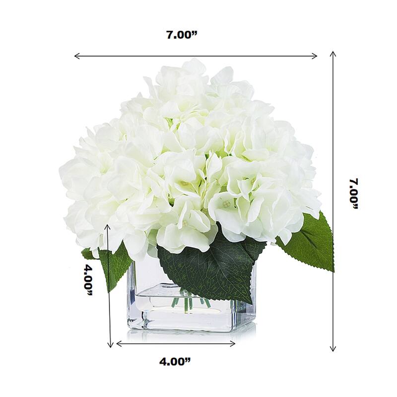 Enova Home Artificial Silk Hydrangea Fake Flowers Arrangement in Cube Glass Vase with Faux Water for Home Office Decoration