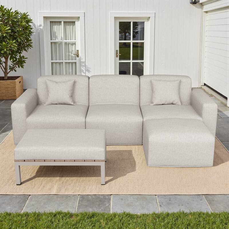 Outdoor No Assembly Patio Conversation Sets with Coffee Table, Ottoman - Light Grey-Sofa Set