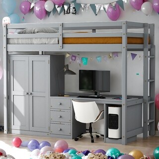 Twin Size Loft Bed with Wardrobe, Desk and Storage Drawers, Grey