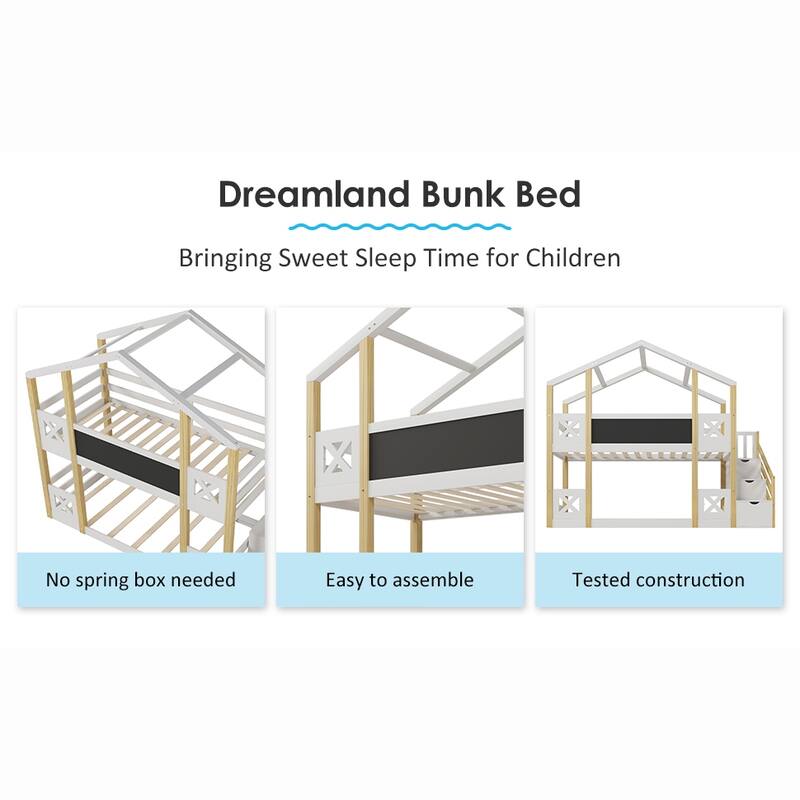 Twin over Twin House Bunk Bed with White Storage Staircase