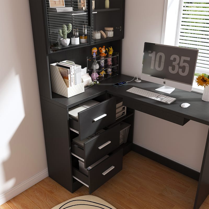 Computer Desk with Glass Cabinets & Built-In LED Lights, Corner L-Shaped Office Desk with USB Charging Ports, Keyboard Tray