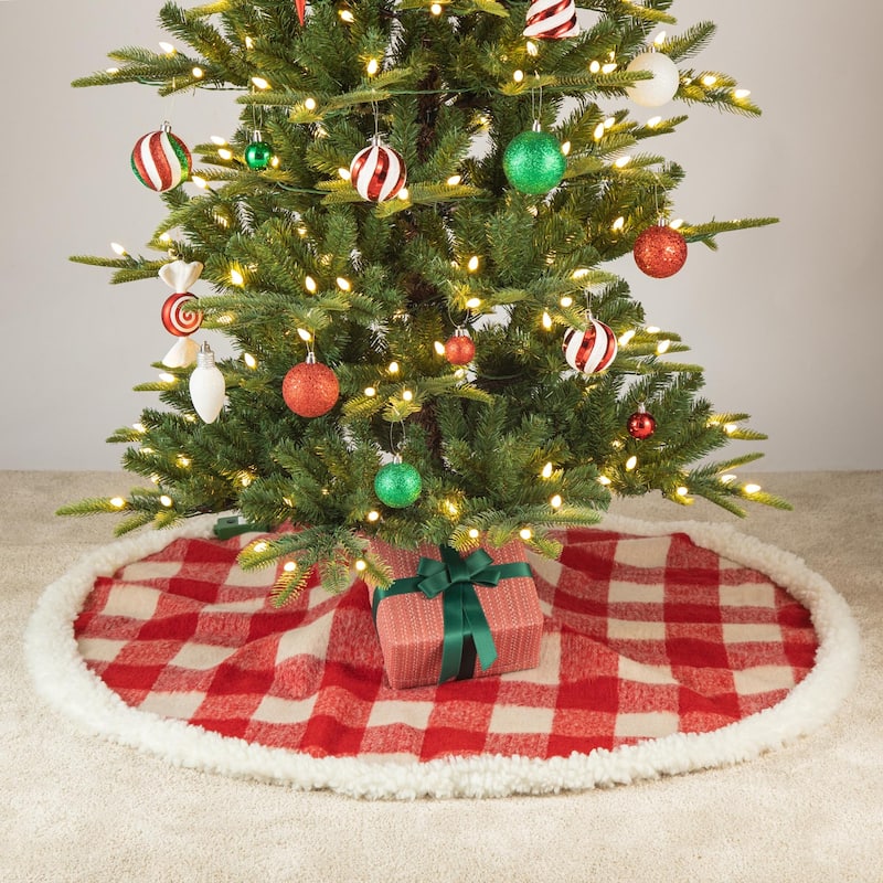 Glitzhome 48"-52"D Knitted Polyester Christmas Tree Skirt - 48"D-Red & White
