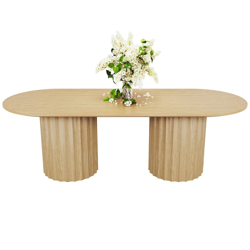 86" Modern Oval Dining Table Set with 8 Upholstered Chairs Black Textured Wood Top & Dual Cylindrical Pedestal Base