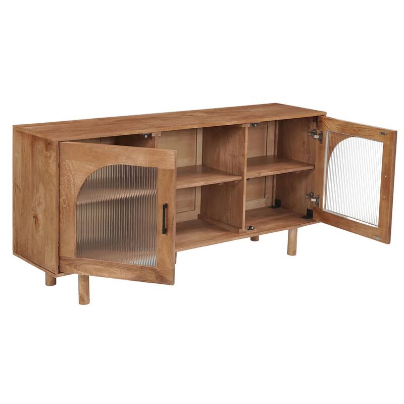 64 Inch James TV Stand Console, 2 Arch Glass Door Cabinets & Shelves, Walnut Brown Mango Wood