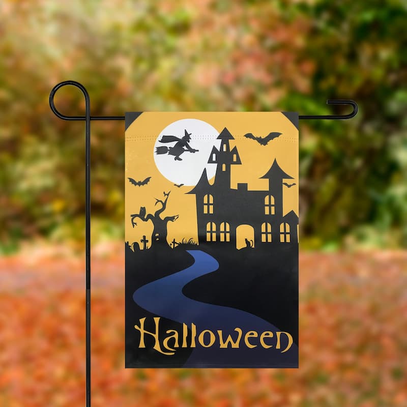 Spooky House Halloween Outdoor Garden Flag with Bats and a Witch 12.5" x 18"