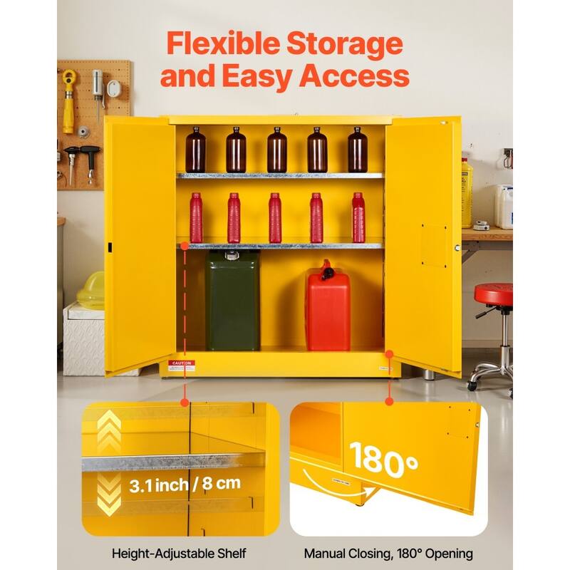 29 Gallon Heavy Duty Yellow Fireproof Cabinet for Flammable Liquids with Adjustable Shelves - 43” x 18.1” x 46.4”