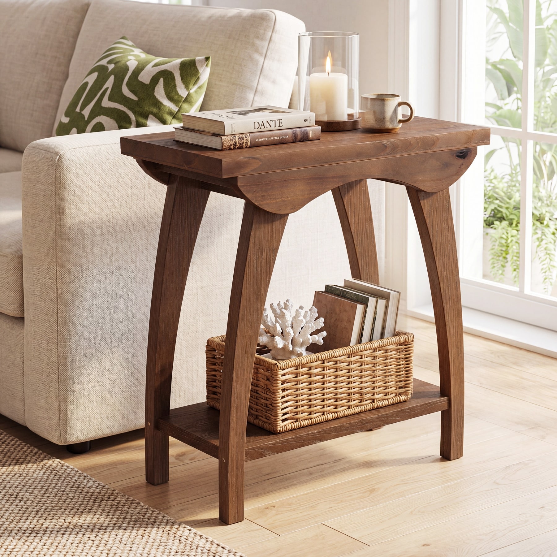 Solid Wood End Table, Rectangle Couch Side Table for Living Room, 2-Tier Bedside Table with Storage Shelf for Bedroom