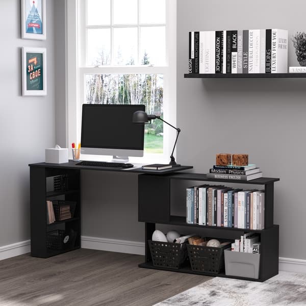 Modern L Shaped Rotating Computer Desk with Bookshelves Bed