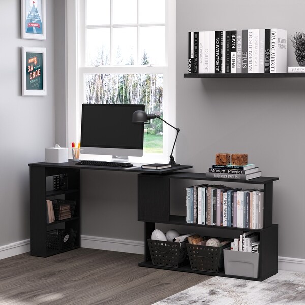 Homcom modern l shaped rotating computer desk with bookshelves deals