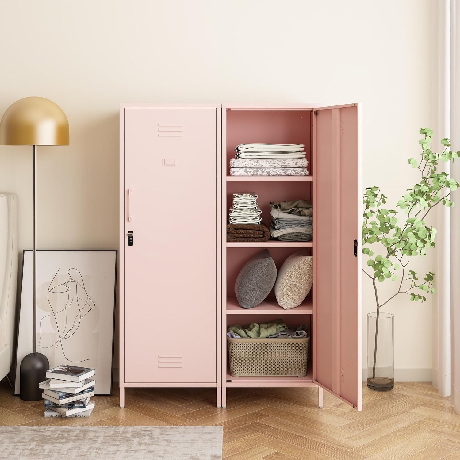 Pink Metal Locker Storage Cabinet with Locking Door and 2 Shelves