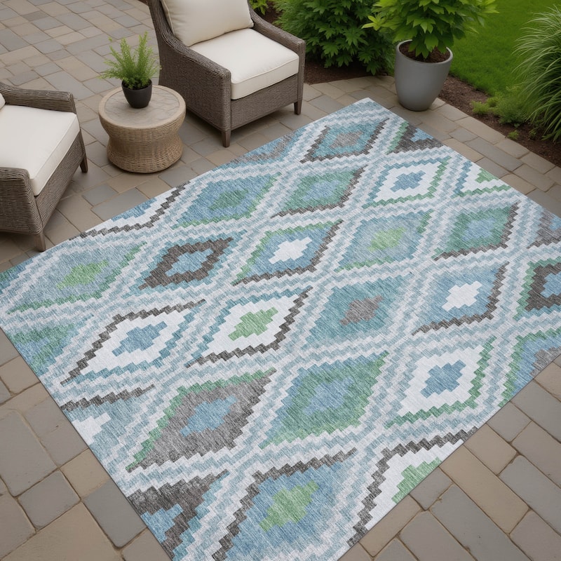 Machine Washable Indoor/ Outdoor Global Geo Chantille Rug - Teal - 8' x 10'