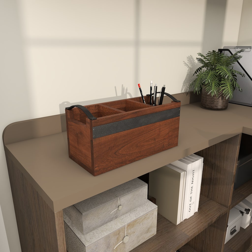 Modern Mango Wood 3 Section Tray with Black Metal Handles - Brown or Beige